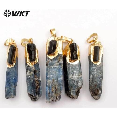 WT-P1391 WKT Wholesale natural stone pendant rectangle blue kyanite with black stone charm plated 2018 new arrived women pendant