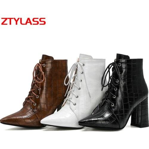 2021 New Women Stone Print Ankle Boots Autumn Winter Square High Heel Short Boots Fashion Zipper Cross Tied Womens Shoes