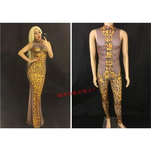 WOMEN MEN NEW Sexy Leopard Pattern Mesh Dress Sleeveless Cheongsam Long Dress Womens Birthday Party Outfit Female Stage Wear