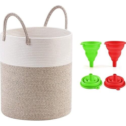 2 Pcs Foldable Kitchen Funnel, Food Grade Silicone Funnel & 1 Pcs Decorative Woven Cotton Rope Basket