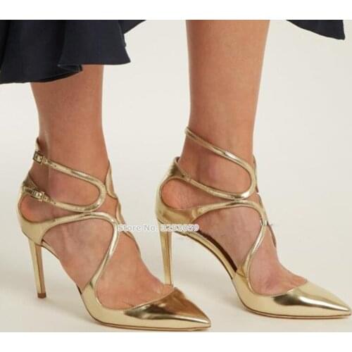 ALMUDENA Gorgeous Gold Black Cross Strappy Pointed Toe Pumps Stiletto Heels Buckle Strap Cut-out Party Shoes Dropship Shoes