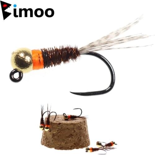 Bimoo 6pcs Tungsten Bead Jig Head Perdigon Nymphs Orange Collar Pheasant Tail Fly Euro Nymph Trout Fishing Lure Flies