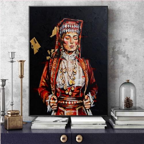 Black Red Abstract Vintage Lady Oil Painting Wall Art Design Tribal Girl Canvas Painting Picture for Living Room Home Decor