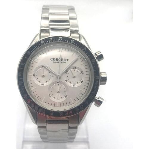 Corgeut40mm Mens Quartz Watches White Dial Black Bezel Multifunction Sport 24 Hours Top Brand Luxury Full Steel Case Bands Clock