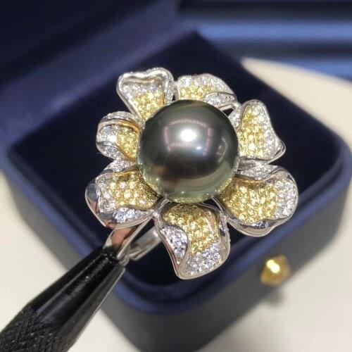 D805 Pearl Ring Fine Jewelry S925 Sterling Silver 11-12mm Nature Sea Water Black Tahiti Pearls Rings for Women Presents