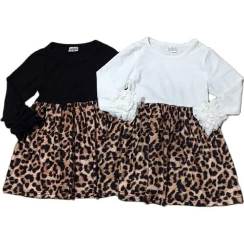 Girlymax 2 Colors Girls Clothes Milk Silk Baby Ruffles Black Beige Long Sleeve Leopard Knee Length Dress Ruffles