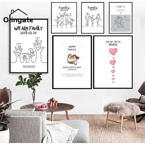 Customized Date Name Gift Diy Anniversary Posters Cartoon Sweet Family Cute Canvas Art One Piece Wall Art Home Living Room Decor