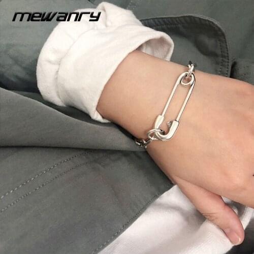 MEWANRY 925 Sterling Silver Thick Chain Bracelets New Fashion Vintage Couples Simple Hollow Pin Design Party Jewelry for Women