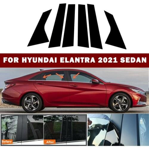 6pc Set Black Car Door Window Pillar Posts Piano Trim Cover Kit Fit for Hyundai Elantra 2021 Sedan