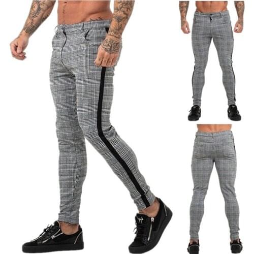 Casual Mens Chinos Cotton Slim Fit Men Pants Trousers Skinny Chinos Pants Grey Ankle Length Streetwear Plaid Side Stripe Pants