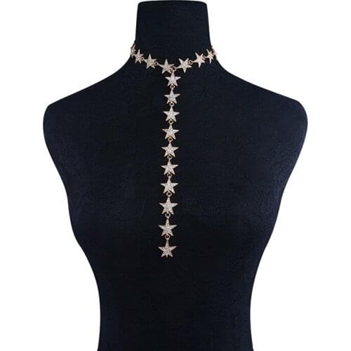 Luxury Gold Color Long Five Pointed Stars Choker Necklace 2020 New Crystal Rhinestone Necklace Women Fashion Body Jewelry