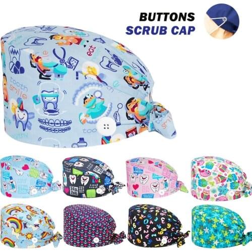 Unisex Scrub Hats Dental Clinic Pet Shop Beauty Salon Pharmacy Lab Cap Dentist Nursing Hat 100% Cotton Teeth Printing Scrubs Cap
