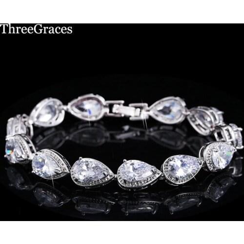 ThreeGraces Luxury Bridal Party Jewelry Oval Shape Fully Around Cubic Zirconia Crystal Wedding Bracelets For Brides BR017