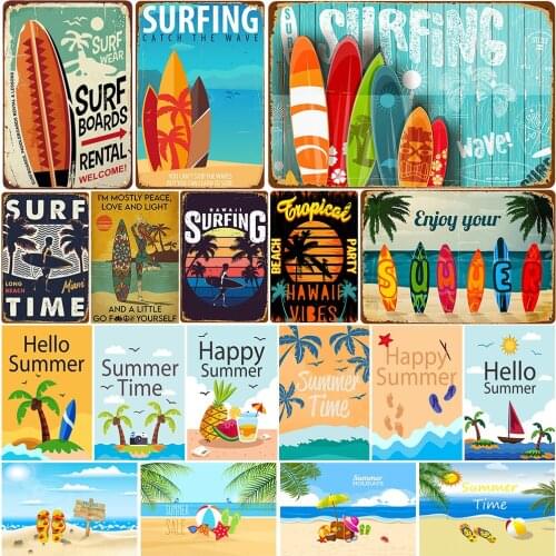 Vintage Surf Metal Tin Signs Beach Metal Poster Shop Wall Decor Art Painting Plate Seaside Pub Plaque Poster Wall Decoration