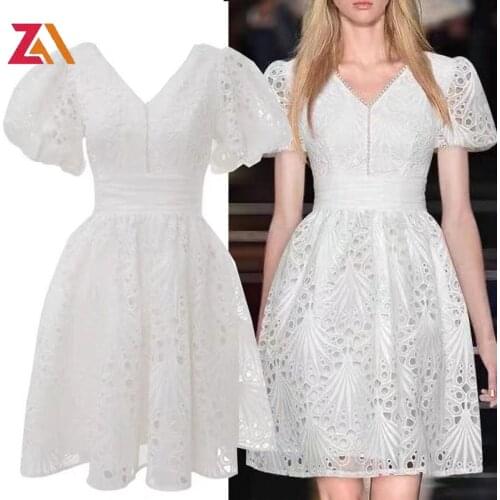 ZALady Designer Runway White Mini Dress Hollow Out Lace Up Puff Short Sleeve V-neck Sexy Princess Party Night Club Dress Female