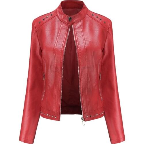 2021 Spring Autumn Leather Jacket Mandarin Collar Solid Rivets And Pockets Zipper Street Style Casual Women Leather Jacket