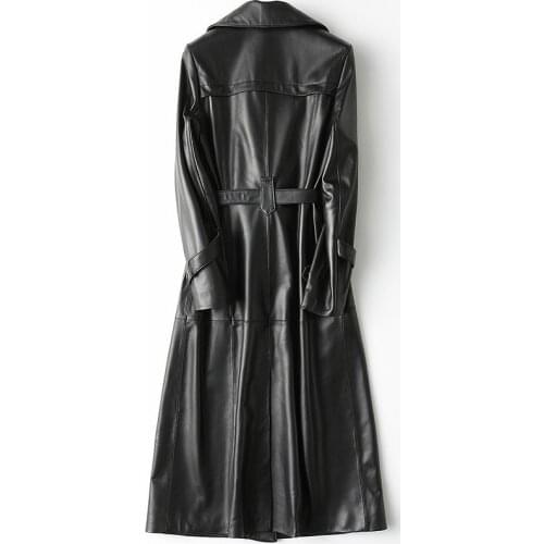 Classic Women Belted Long Jacket Office Ladies Slim Fit Natural Sheepskin Trench Coat Outwear Softshell Genuine Leather Jacket