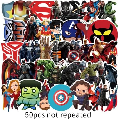 50pcs/Pack Marvel hero Superman Stickers Anime Cartoon Sticker Funny DIY Luggage Laptop Skateboard Bike Sticker toy Gifts