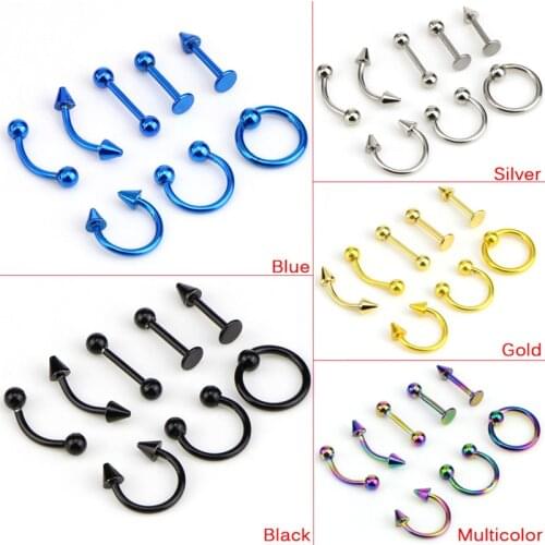 8Pcs/set Surgical Steel Eyebrow Lip Nose Hoop Nostril Ear Tongue Piercing Set Piercings Ring Body Jewelry For Women Men Ear Stud