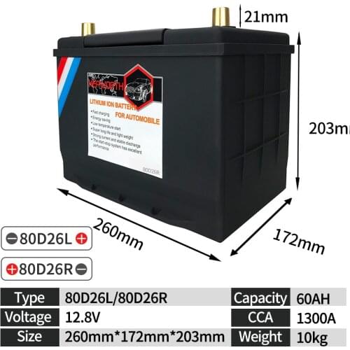 80D26L/R Motor Car LiFePO4 battery Jump Starter 12V 80AH CCA1300A Rechargeable lithium Iron battery With BMS Voltage Protection
