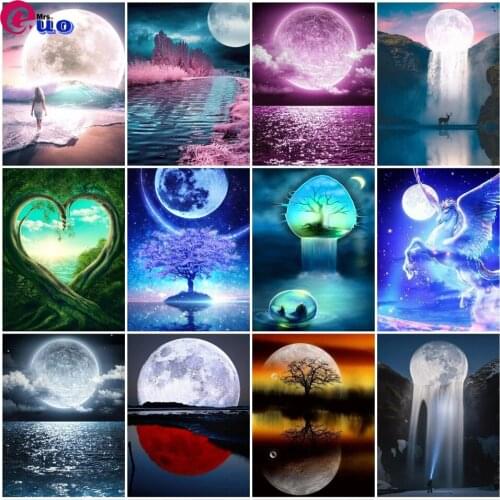 5D DIY Diamond Painting Moon Waterfall Tree Heart Full Square Diamond Embroidery Landscape Cross Stitch Mosaic Sale Home Decor