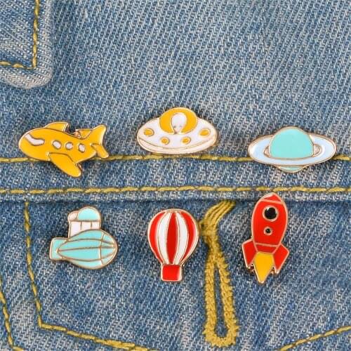 Plane UFO Enamel Pins Lapel Pins Badges Brooches Cute Cartoon Rocket Alien Planet Submarine Lapel Pins