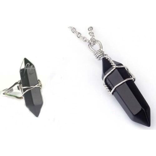 KFT Silver Plated Natural Hexagon Column Pendulum Stone Pendant Black Agates Necklace with Chain Resizable Ring Jewelry Sets
