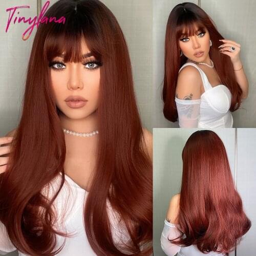 TINY LANA Black Root Red Wine Wigs with Full Bangs Long Wavy Synthetic Wigs for Women Cosplay Female Faker Hair Heat Resistant
