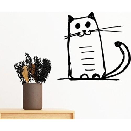 Curly Heavy Tail Cat Crazy Smile Stripe Sit Black Line Removable Wall Sticker Art Decals Mural DIY Wallpaper Room Decal