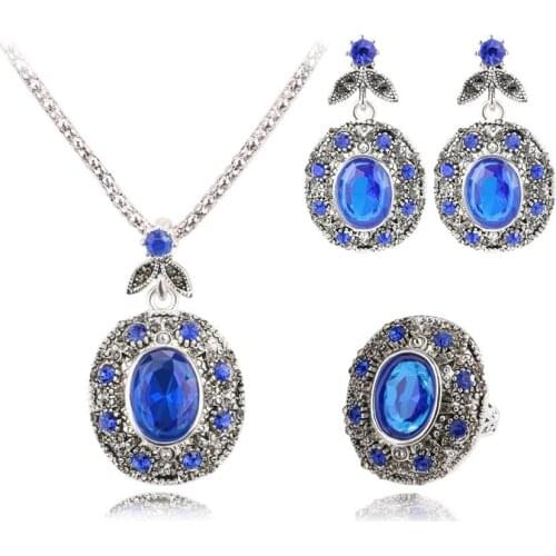 Megin D Silver Plated Luxury Full Zircon Blue Stone Rings Stud Earrings Collar Chains Necklace Jewelry Sets for Women Wedding