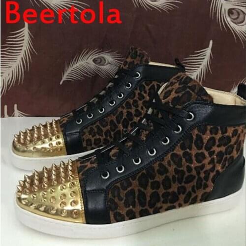 Beertola Mens Casual Shoes Designers Rivet Gold Zapatos De Hombre 2020 Leopard Print Fashion Men Flats Shoes Party Mixed Color