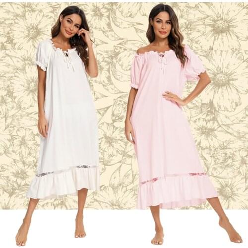 Sleepwear Nighty Woman Autumn Nightgown White Pink Nightdress Leisure Fashion Long Vintage Home Dress Ladies Nightwear Boat Neck