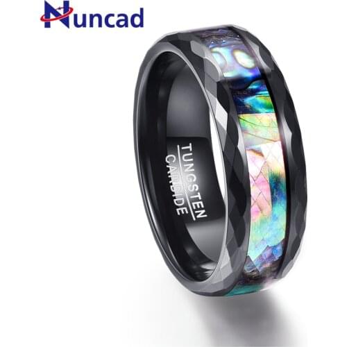 Nuncad 8mm Mens Abalone Shell & Polished Black Faceted Tungsten Carbide Rings Wedding Bands Size 5-14