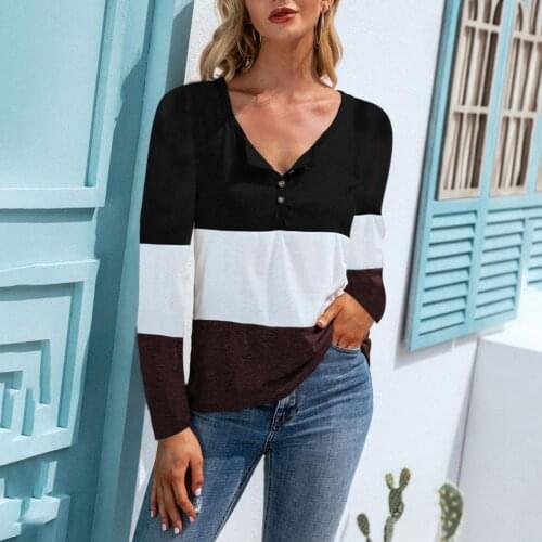 Casual Simple Women Blouse Splicing Contrast Colors Sweatshirt V Neck Stripe Autumn Loose T-shirt for Work