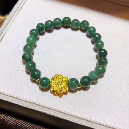 Real 999 24K Yellow Gold Bracelet 3D Beauty Lotus Flower Bead with Jadeite Beads Link Bracelet