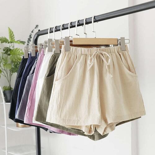 Solid Color Streetwear Casual Shorts Women Drawstring Elastic Waist Cotton And Linen Summer Shorts Loose Wide Leg Shorts C7136