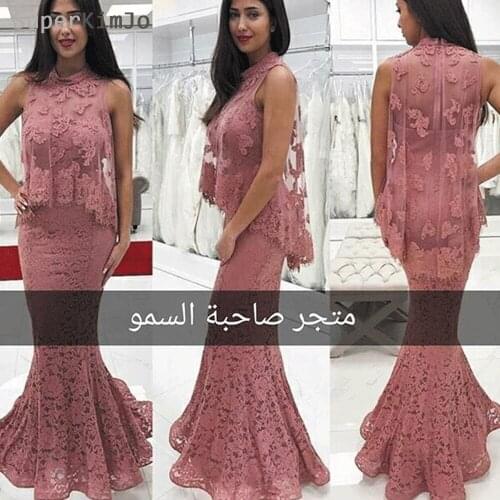 SuperKimJo Abendkleider 2019 High Neck Lace Evening Dresses Long Elegant Mermaid Dusty Pink Evening Gown Formal Dresses