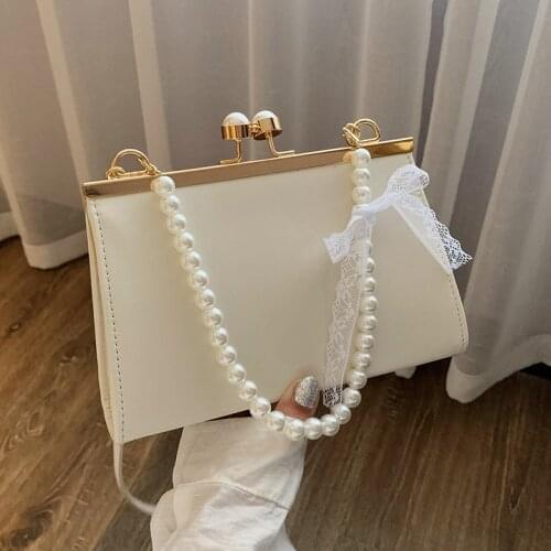 Vintage Ladies Simulate Pearl Lace Strap Handbag Fashionable Leather Women NO Zipper Cover Shoulder Messenger Bag