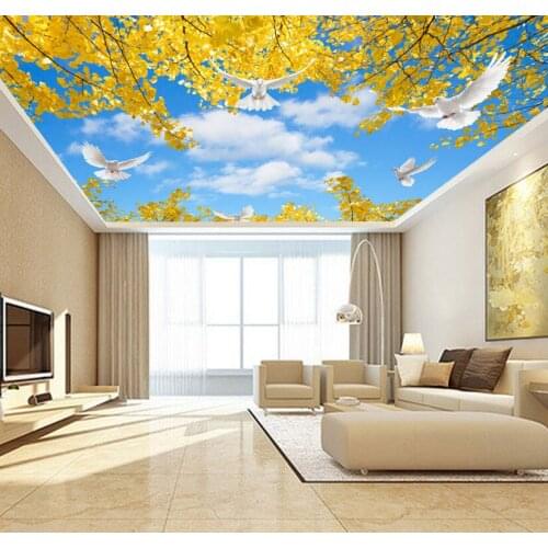 Yellow Leaf Pigeon Cloud Sky Ceiling Wallpaper for Hall Living Room 3D Ceiling Murals 3d Wall Mural Wall paper Large Photo mural