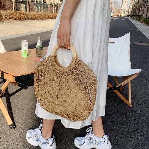 066F Women Beach Woven Straw Handbag Top Handle Hollow Crochet Fishing Net Tote Bag