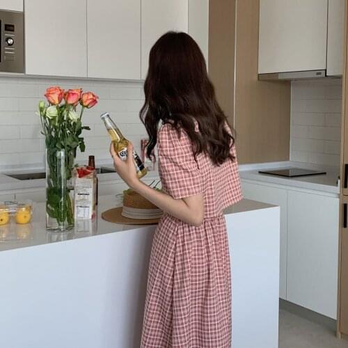 2021 Summer New Womens French Style Square Collar Short Sleeve Top High Waist Tartan Skirt Two-Piece