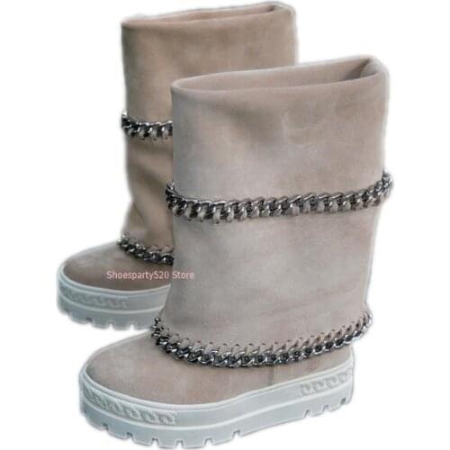 Concise Chains Designer Thick Platform Long Boots Women 8cm Wedge Heeled Shoes Knee Boots Winter Long Boot Runway Show Boot