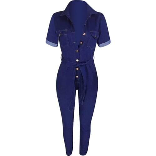 2021 Autumn New Sexy Lapel Metal Buckle Decoration S-XXL Size Denim Jumpsuit Women Outwear