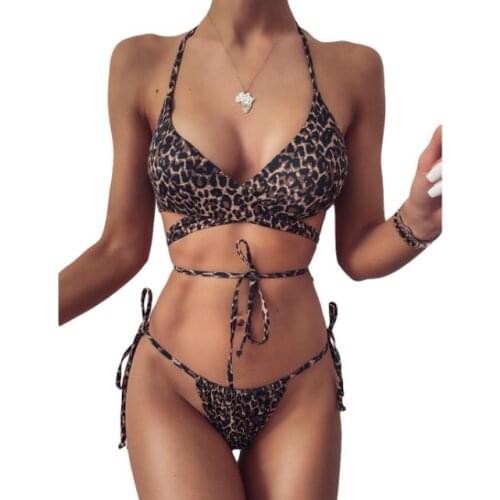 Womens Leopard Print Swimsuit 2-Piece Fashion Sexy Backless Lace-Up Split Bathing Suit with Chest Pad