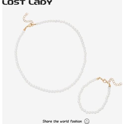 Lost Lady Fashion Simulated Pearl Choker Necklace Bracelet Jewelry Sets For Women Elegant Wedding Jewelry Set Party Gift