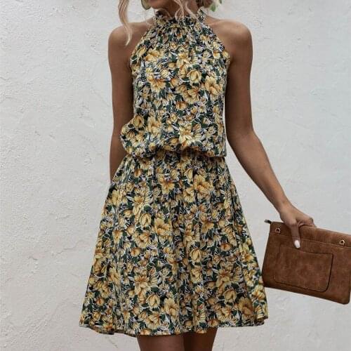 Women Elegant Floral Print Mini Dress 2021 Summer Bobo Halter Neck Strap Dresses Ladies Casual A-line Beach Party Short Vestidos