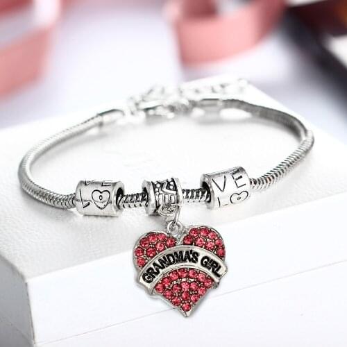 12PC/Lot Hot Grandmas Girl Bracelet Pink Crystal Love Heart Charms Chain Bangle Gifts For Women Family Granddaughter Bracelets