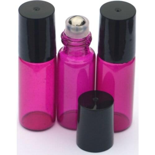 50pcs Essential Oil Empty Rose Roll on Glass Bottles Perfume Sample 5ml Roller Bottles with black Plastic Refillable Bottle