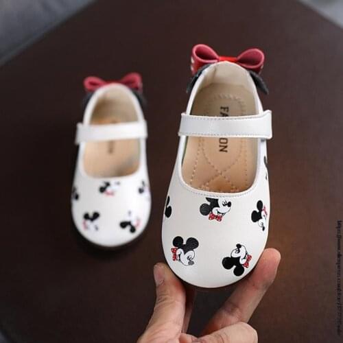Disney Mickey Princess Kids Leather Shoes For Girls Bow Children Flat Heel Girls Single Shoes Butterfly Toddler Shoes
