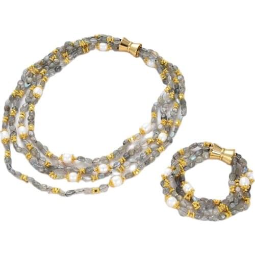 GG Jewelry Natural 4 Strands Labradorite Cultured White Rice Pearl Necklace 19.5" Bracelet Sets For Lady